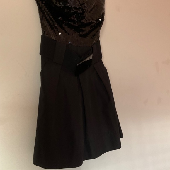 Costa Blanca Short Strapless Satin Black Dress with Sequin Top and Belt Size XS. - Picture 7 of 10